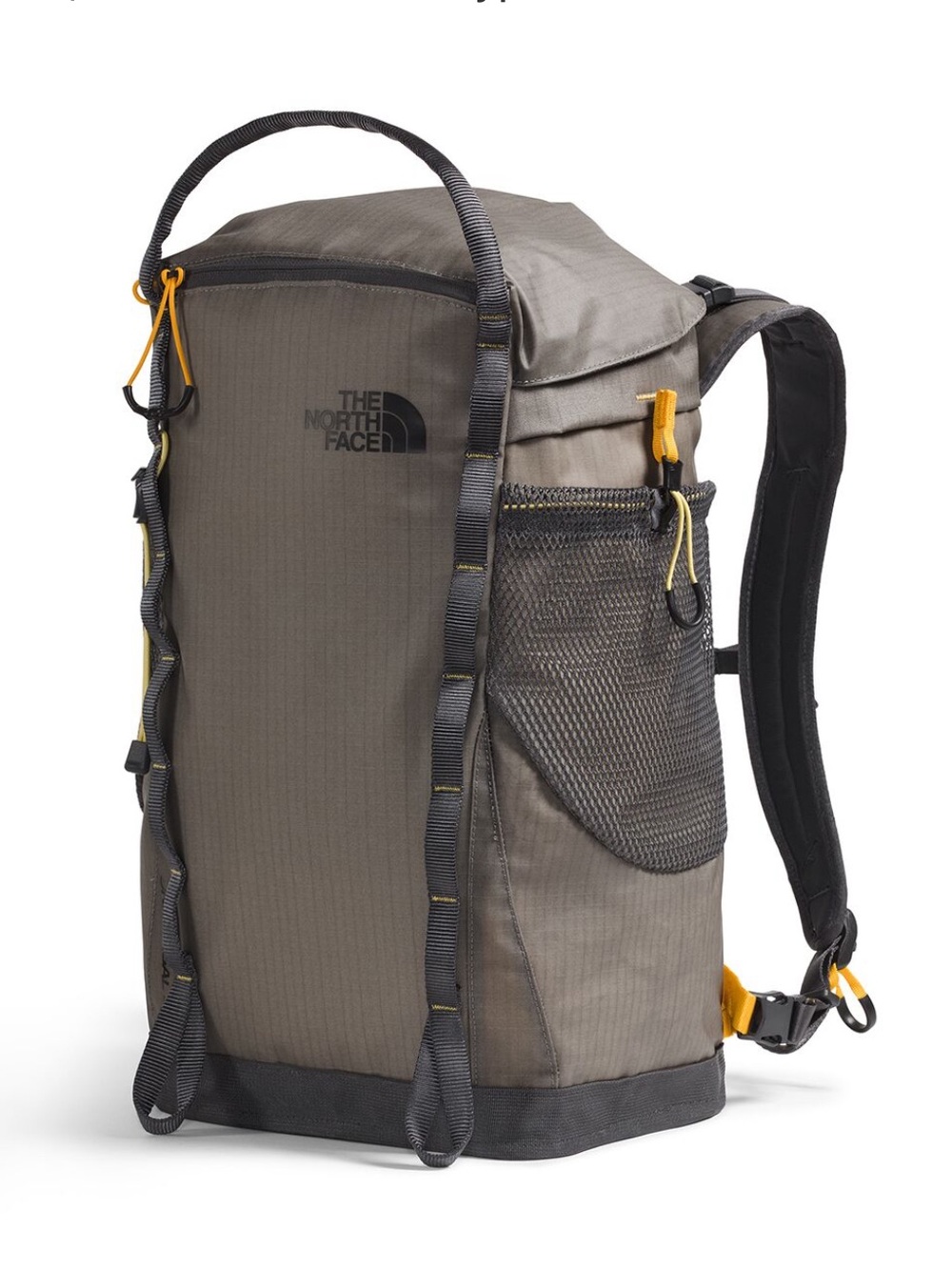 The North Face Olive Green and Black Roll-Top Backpack with Yellow Accents